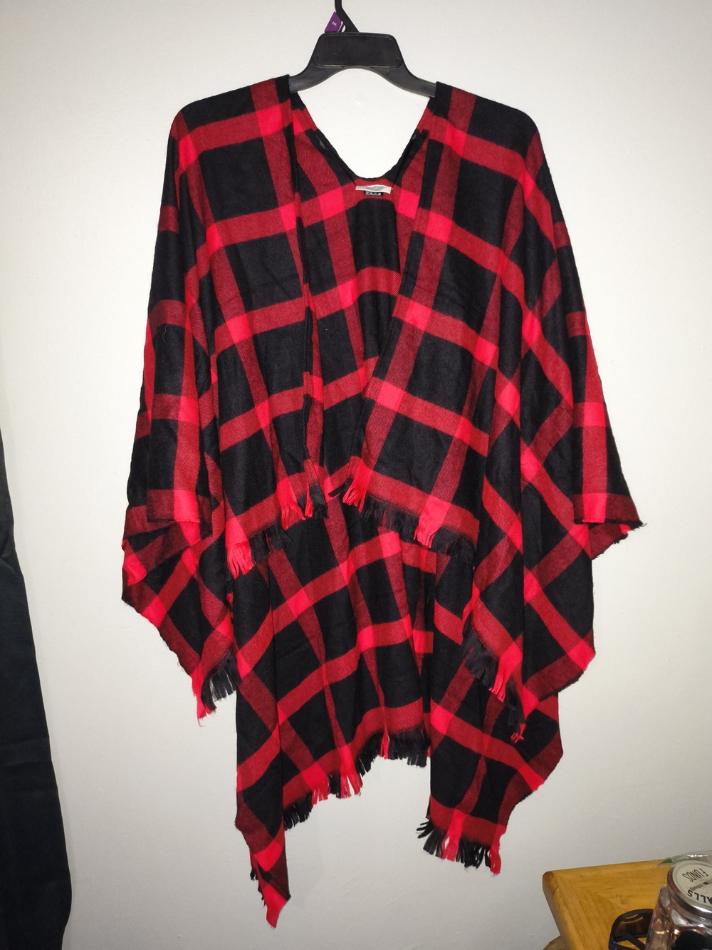 David and Young Red and Black Plaid Wrap Poncho